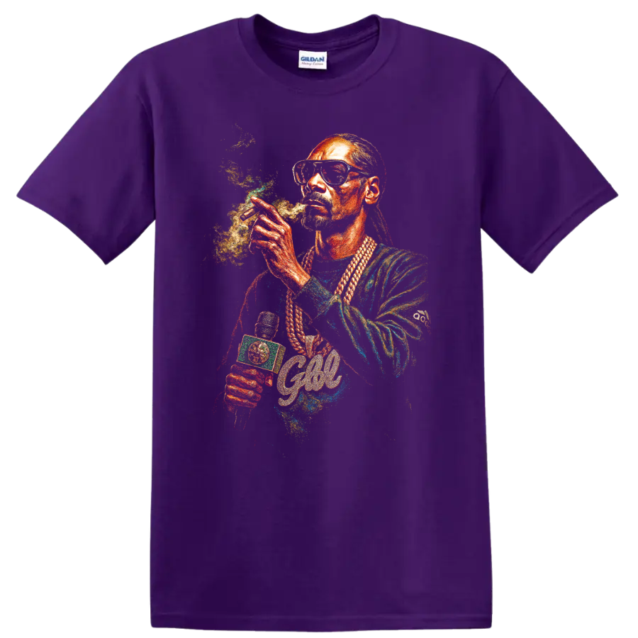 Colorful Snoop Dogg hip-hop portrait artwork with sunglasses and braids on a Purple T Shirt