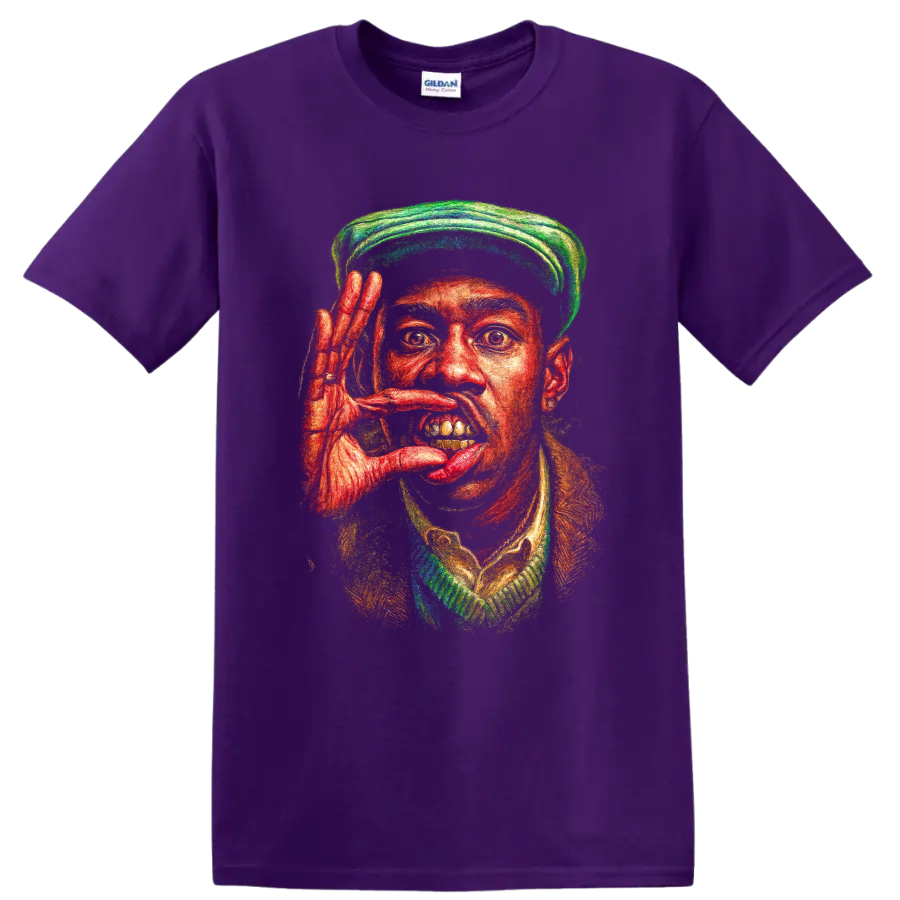 Tyler, the Creator IGOR-inspired colorful painted portrait on a Purple T Shirt