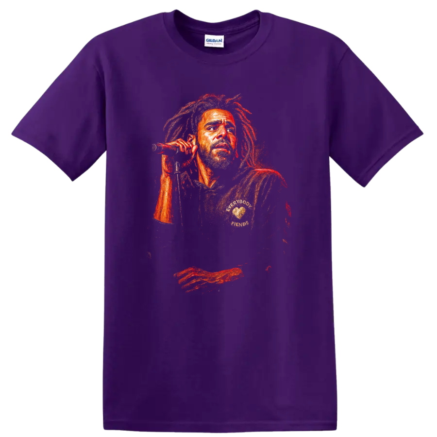 Stylized Bob Marley reggae portrait with microphone in red and orange tones on a Purple T Shirt