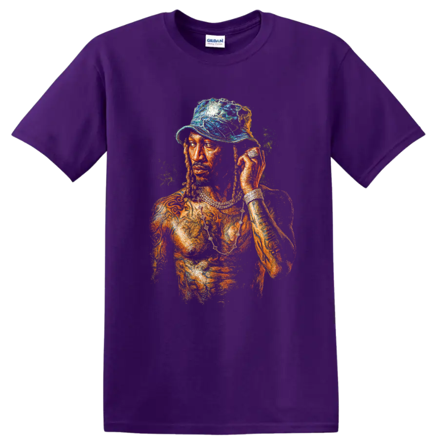 Future Monster mixtape portrait in vivid painted hip-hop artwork on a Purple T Shirt