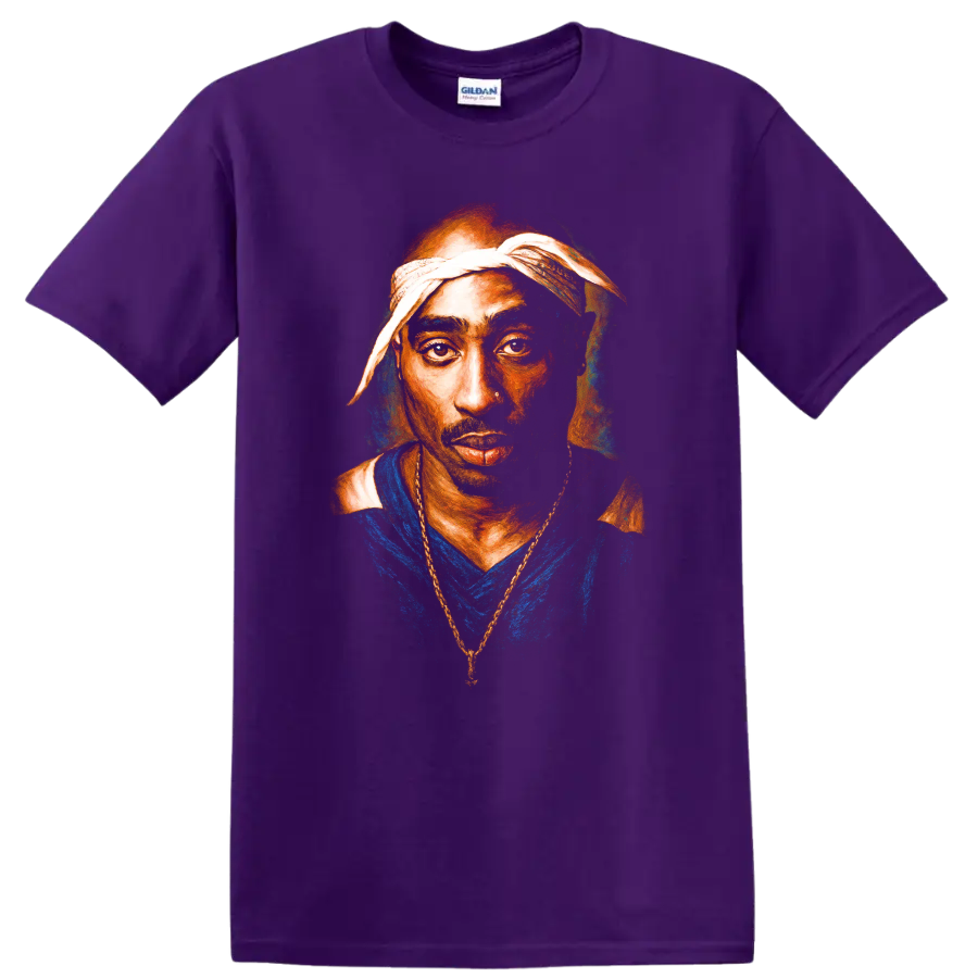 Tupac Shakur portrait artwork in bold painterly hip-hop style on a Purple T Shirt
