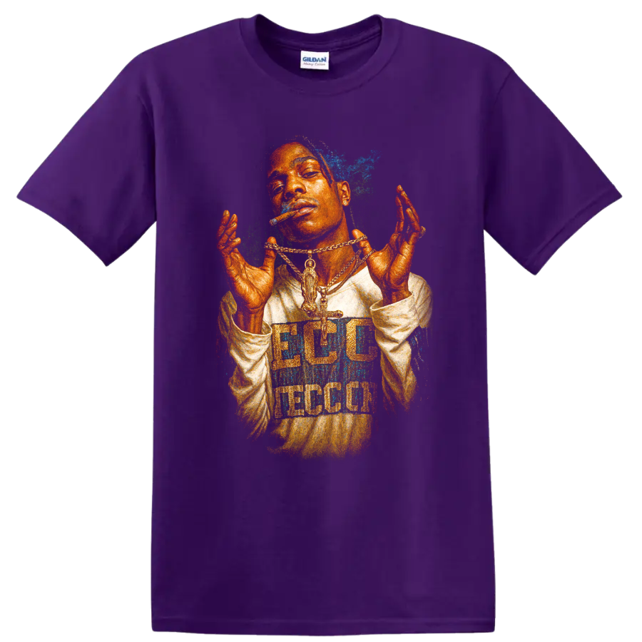 DaBaby colorful hip-hop fan art portrait with layered gold chains on a Purple T Shirt