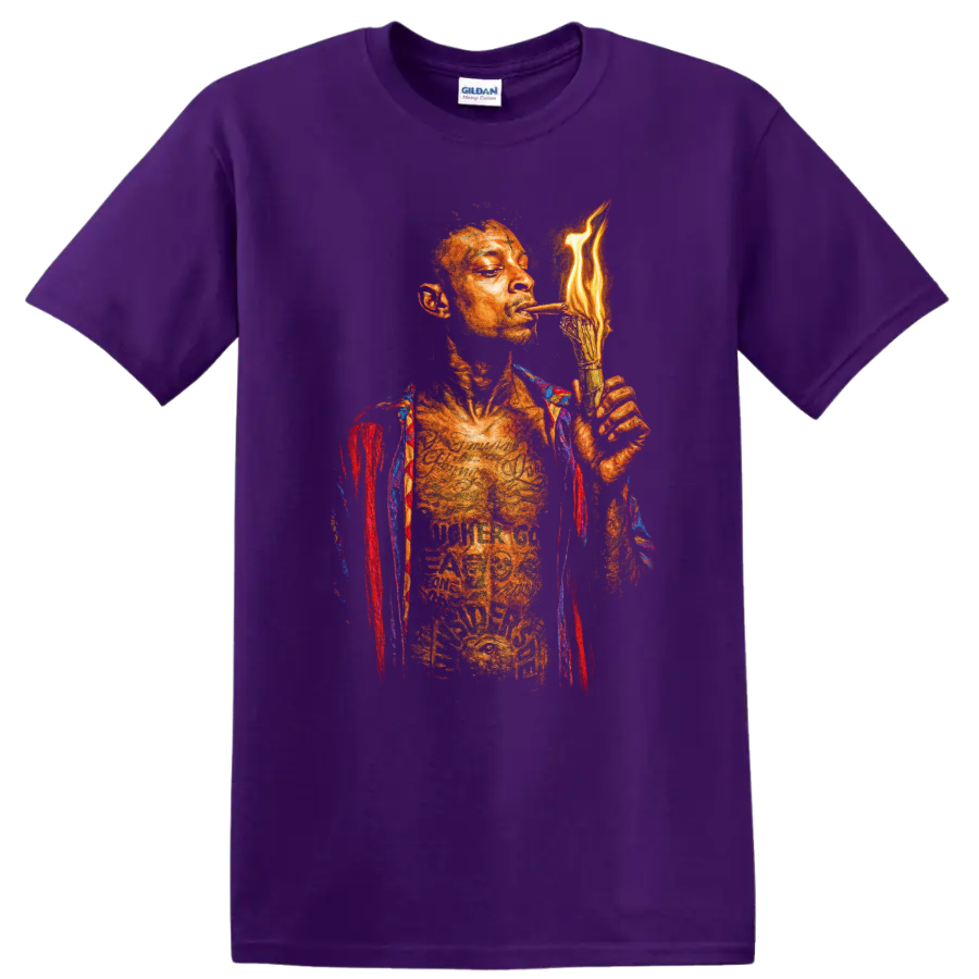 DaBaby hip-hop portrait with flame-inspired torch graphic on a Purple T Shirt
