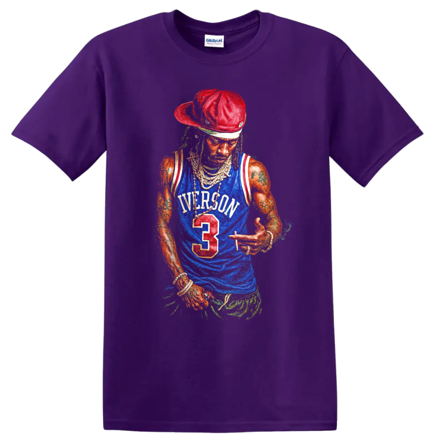 Playboi Carti Allen Iverson basketball jersey graphic print on a Purple T Shirt