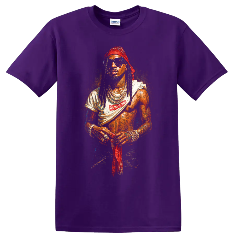Playboi Carti portrait with red headwear, jewelry, sunglasses, and Supreme logo on a Purple T Shirt
