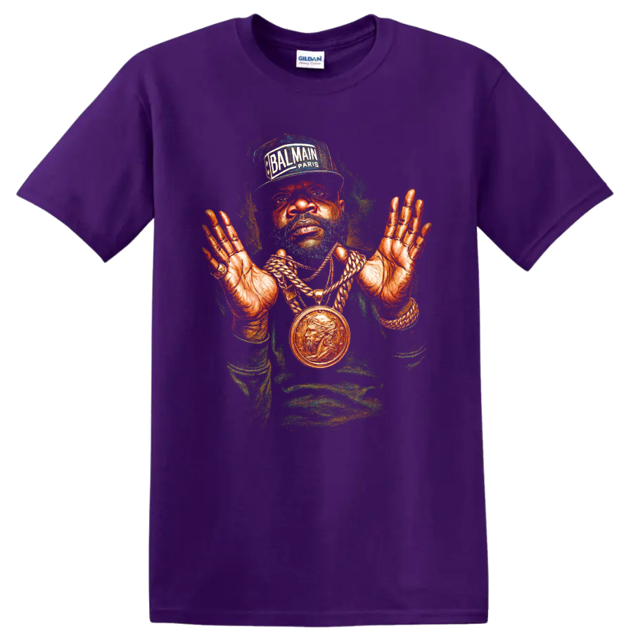 Rick Ross hip-hop portrait with Balmain Paris cap and gold chain artwork on a Purple T Shirt