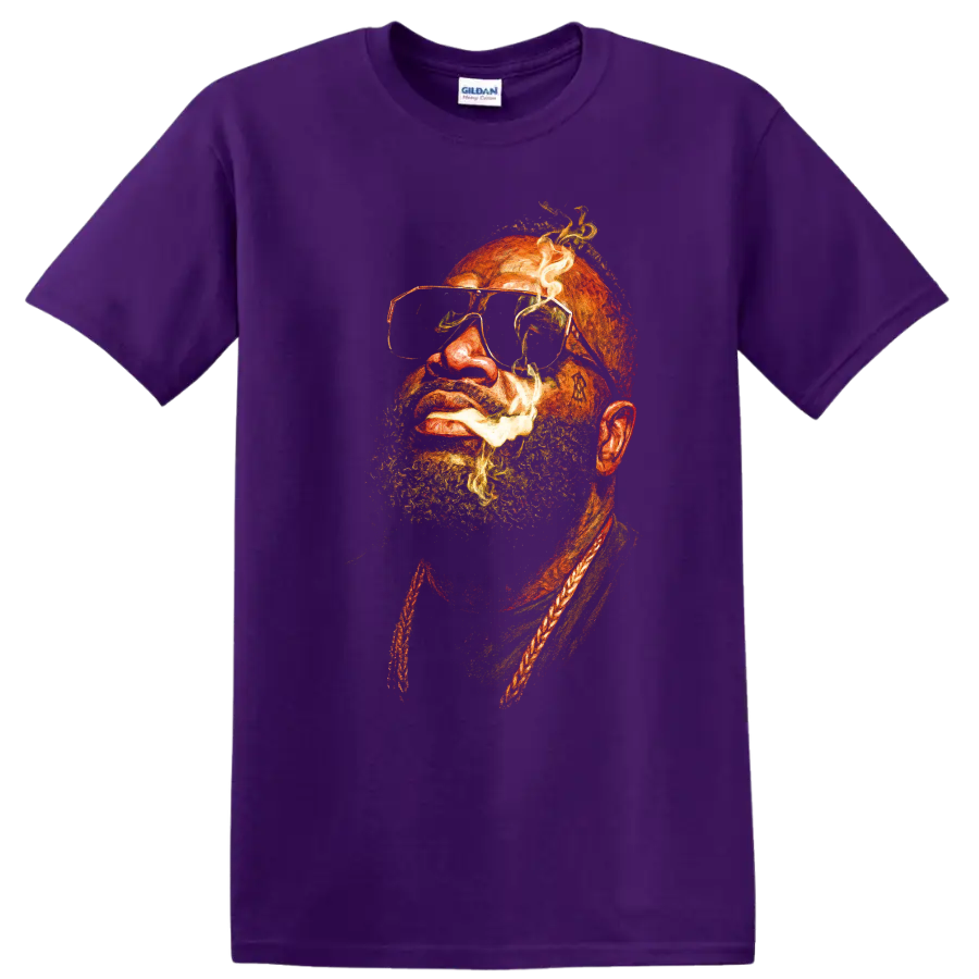 Rick Ross portrait artwork with beard and tinted glasses on a Purple T Shirt