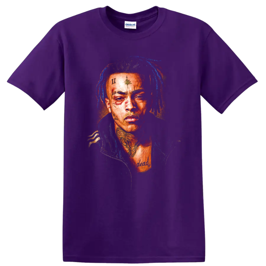 XXXTentacion fan portrait in a vivid, textured hip-hop graphic style on a Purple T Shirt