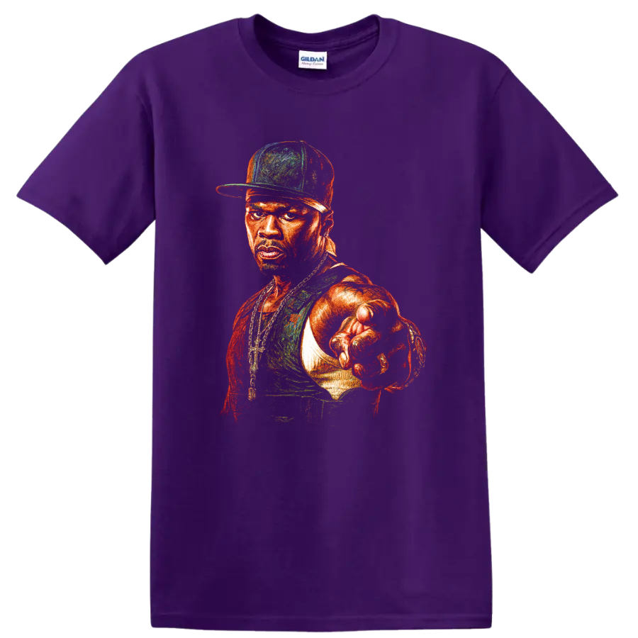 50 Cent portrait graphic with cap, jewelry, and forward-pointing pose on a Purple T Shirt