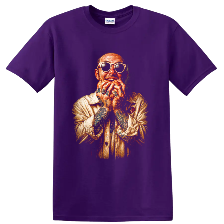 Mac Miller colored-pencil portrait with sunglasses and tattooed hands on a Purple T Shirt