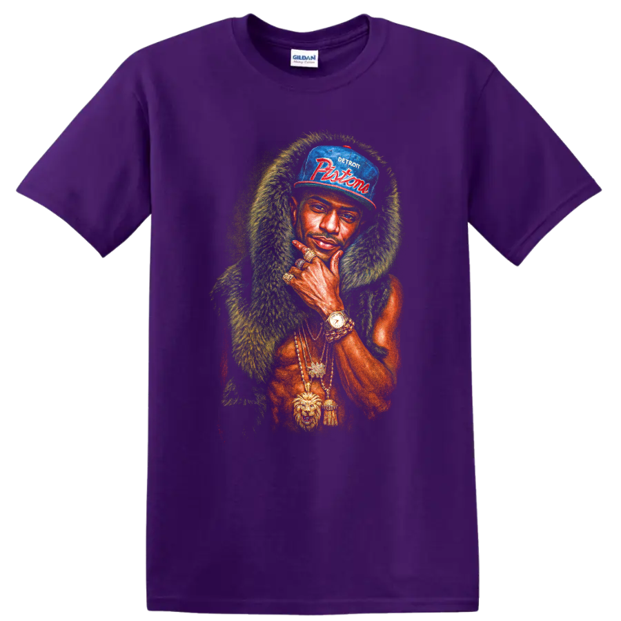 R. Kelly portrait graphic with Detroit Pistons cap and gold jewelry on a Purple T Shirt