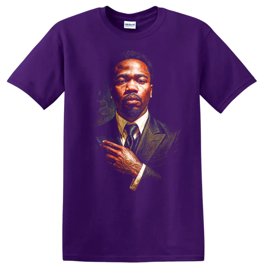Pusha T stylized portrait artwork in a suit with vivid painterly texture on a Purple T Shirt