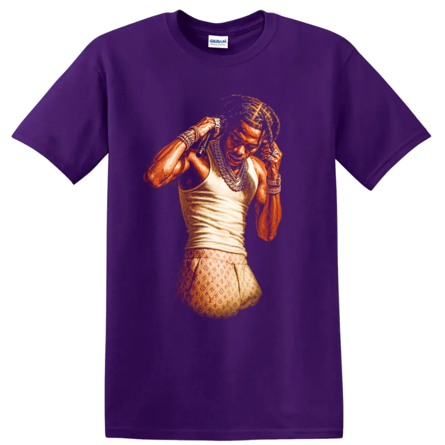 Playboi Carti portrait in vivid orange hip-hop graphic style on a Purple T Shirt