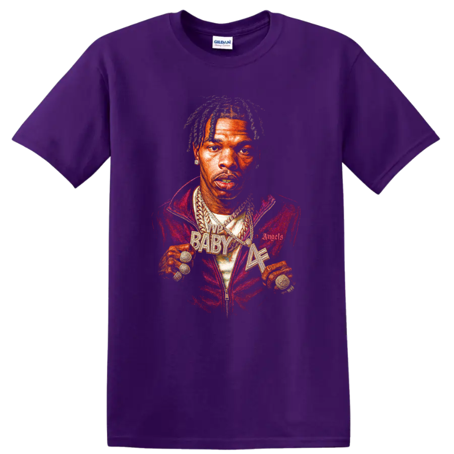 Lil Baby portrait graphic with vivid red and gold hip-hop streetwear styling on a Purple T Shirt
