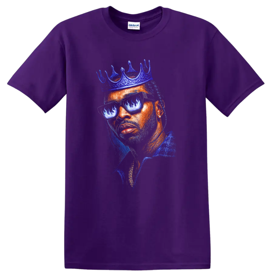 The Notorious B.I.G. crown portrait in vivid blue and orange pop art style on a Purple T Shirt