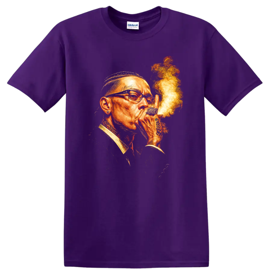 Rick Ross tattooed portrait graphic with glasses, jewelry, and smoke on a Purple T Shirt