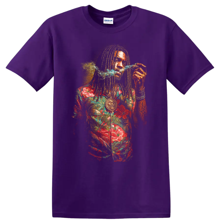 Bob Marley reggae portrait graphic with dreadlocks and floral shirt on a Purple T Shirt
