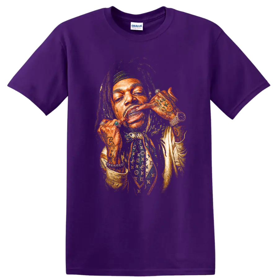 Lil Wayne stylized hip-hop portrait graphic print on a Purple T Shirt