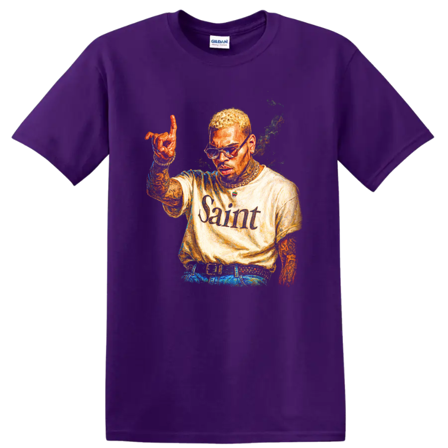 Chris Brown Saint portrait graphic with raised hand and colorful urban-art style on a Purple T Shirt