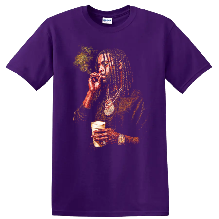 Young Thug trap artist portrait graphic with dreadlocks and gold chains on a Purple T Shirt