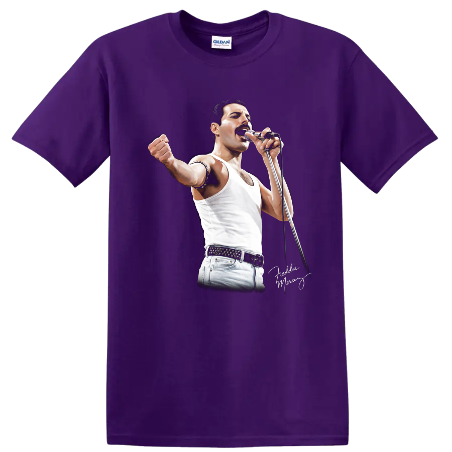 Freddie Mercury singing into a microphone in a dramatic rock performance graphic on a Purple T Shirt