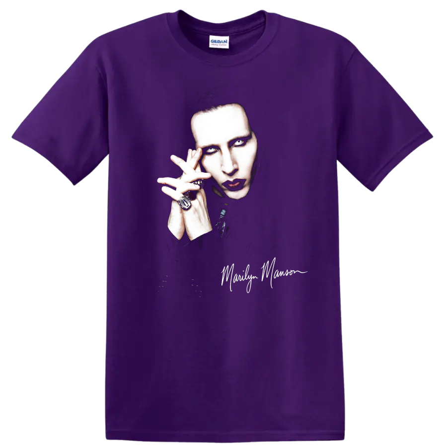 Marilyn Manson gothic rock portrait fan art graphic print on a Purple T Shirt