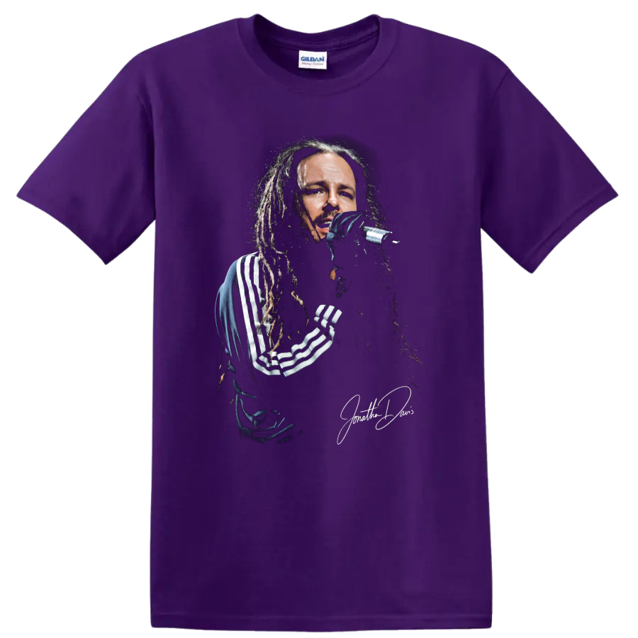 Jonathan Davis of Korn performing with a microphone in gritty portrait artwork on a Purple T Shirt