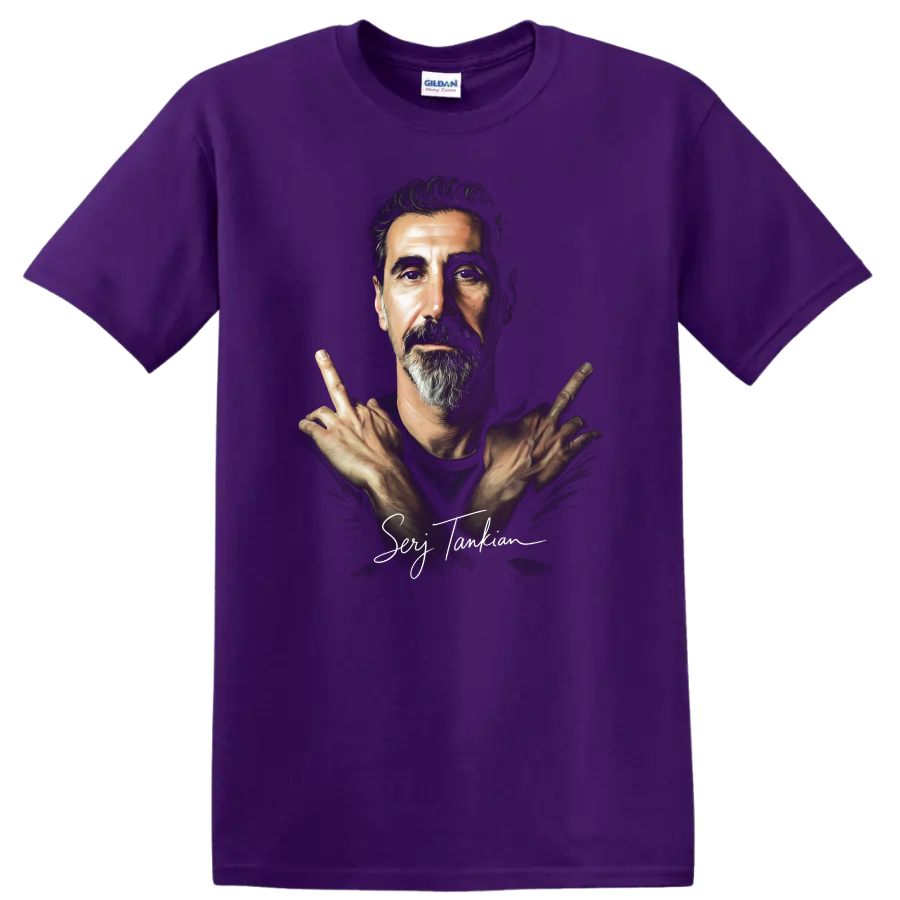 Serj Tankian portrait with crossed hands, dramatic alternative metal art on a Purple T Shirt