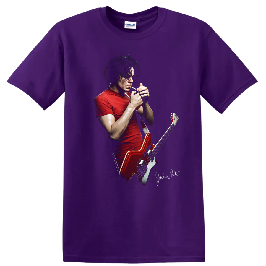 Jack White performing with a red guitar graphic print on a Purple T Shirt