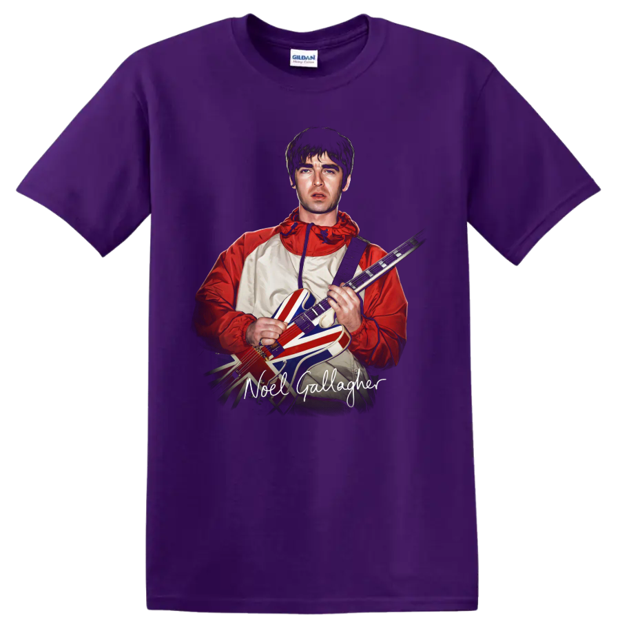 Noel Gallagher Oasis portrait with Union Jack guitar and signature text on a Purple T Shirt