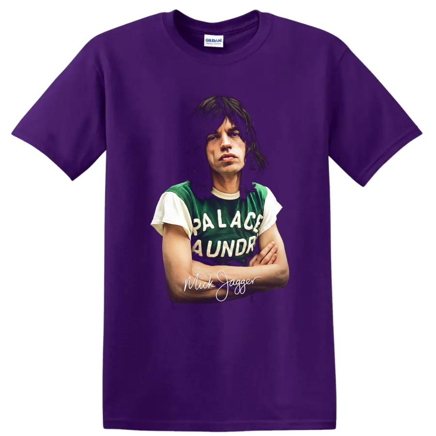 Mick Jagger Palace Laundry portrait graphic with handwritten name on a Purple T Shirt
