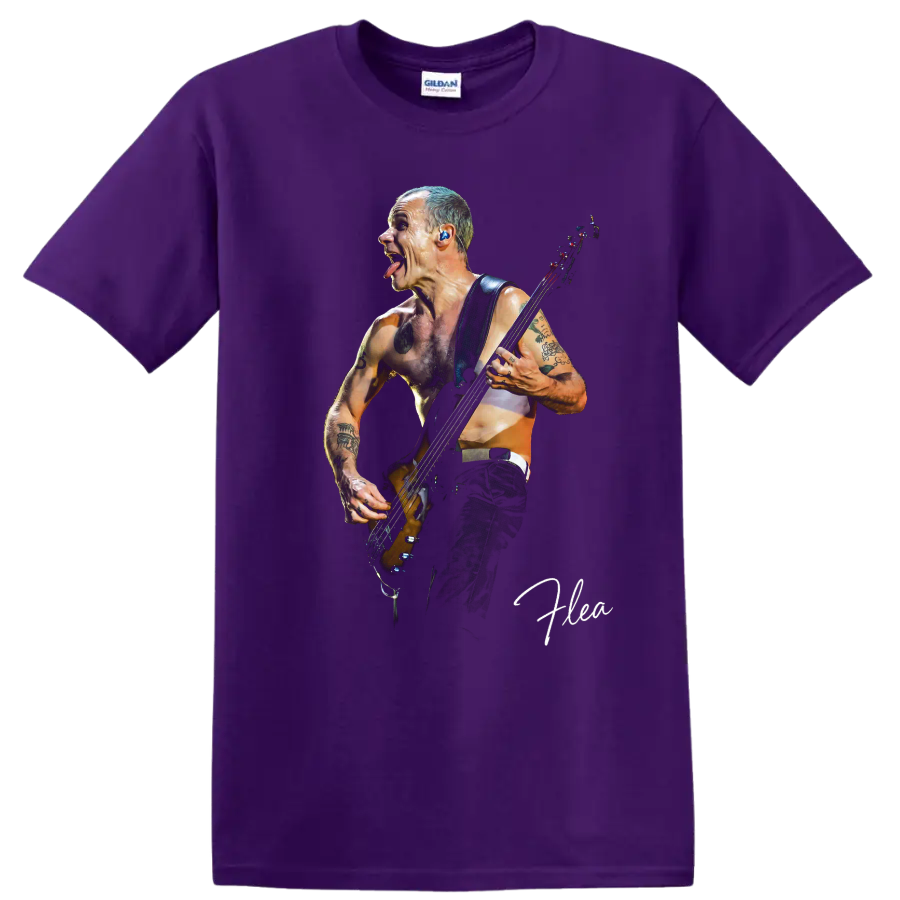 Flea playing bass in a dynamic Red Hot Chili Peppers graphic on a Purple T Shirt
