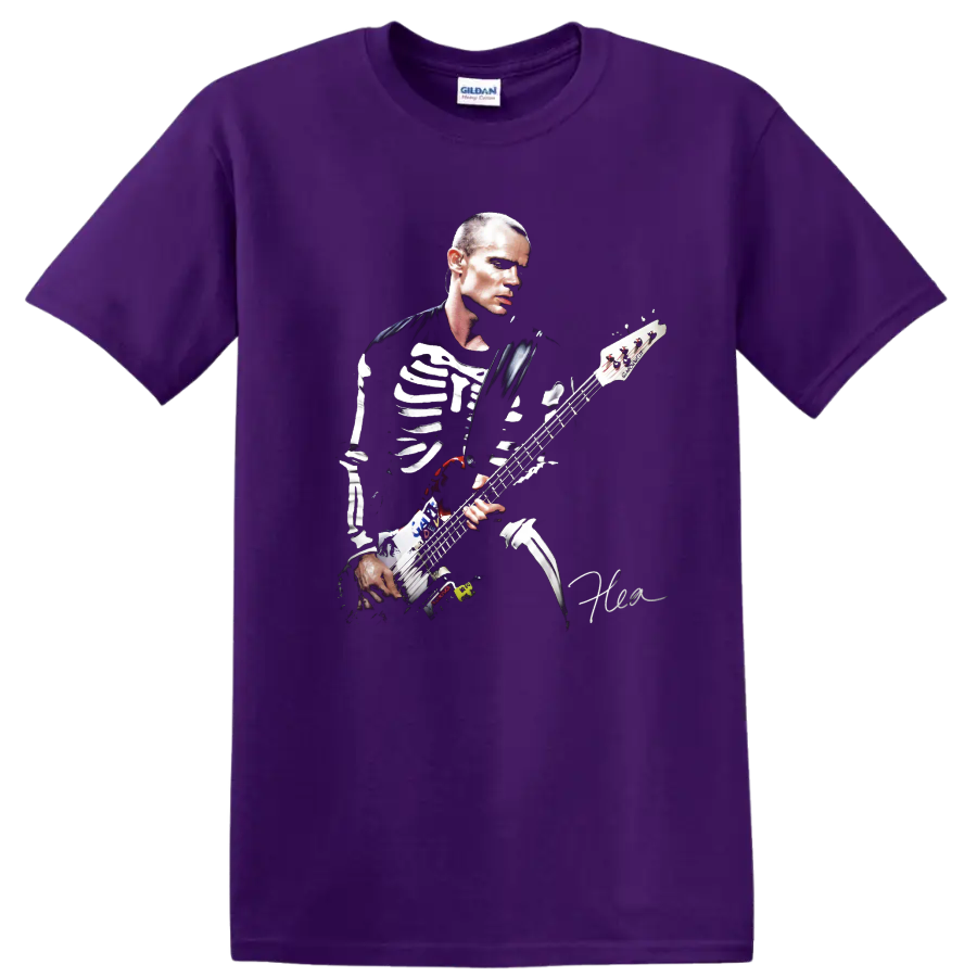 Flea playing bass in a dramatic Red Hot Chili Peppers poster design on a Purple T Shirt