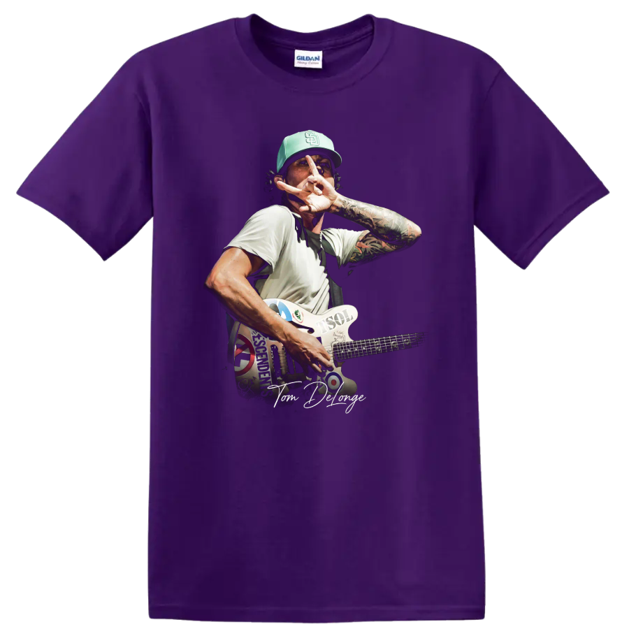 Tom DeLonge Blink-182 pop-punk guitar concert graphic on a Purple T Shirt