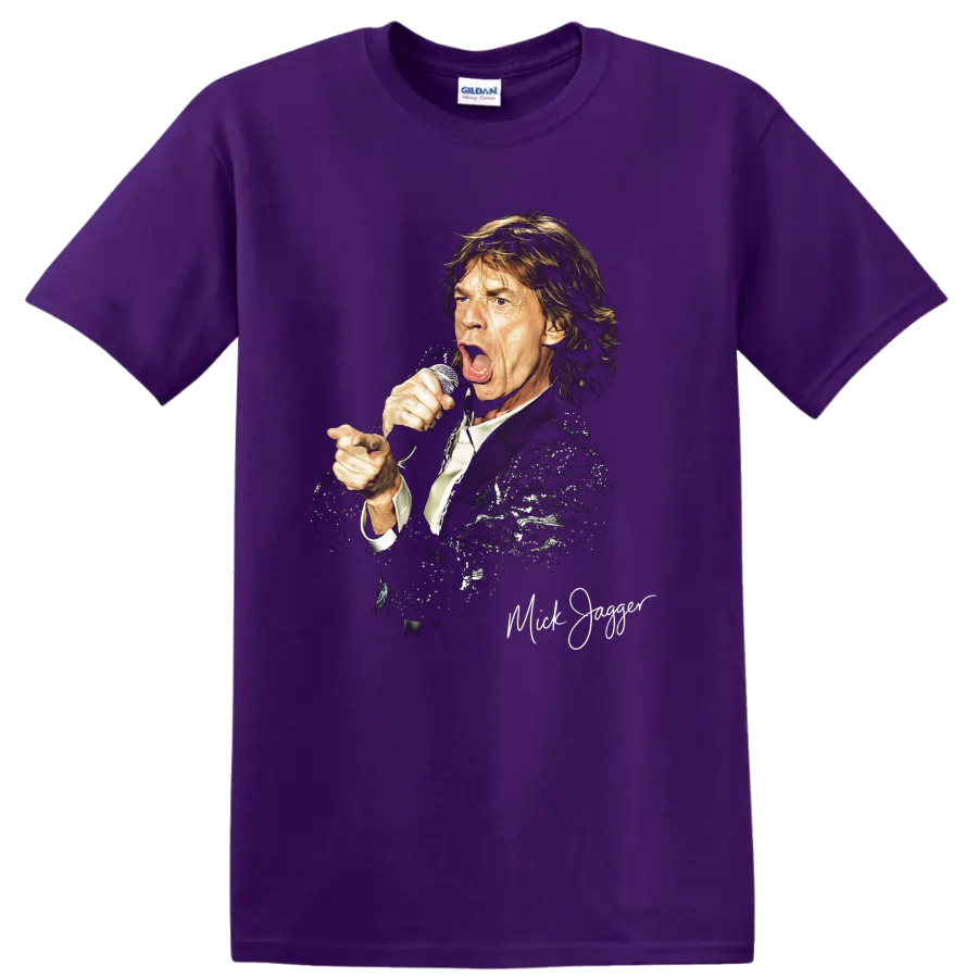 Mick Jagger The Rolling Stones performance portrait graphic print on a Purple T Shirt