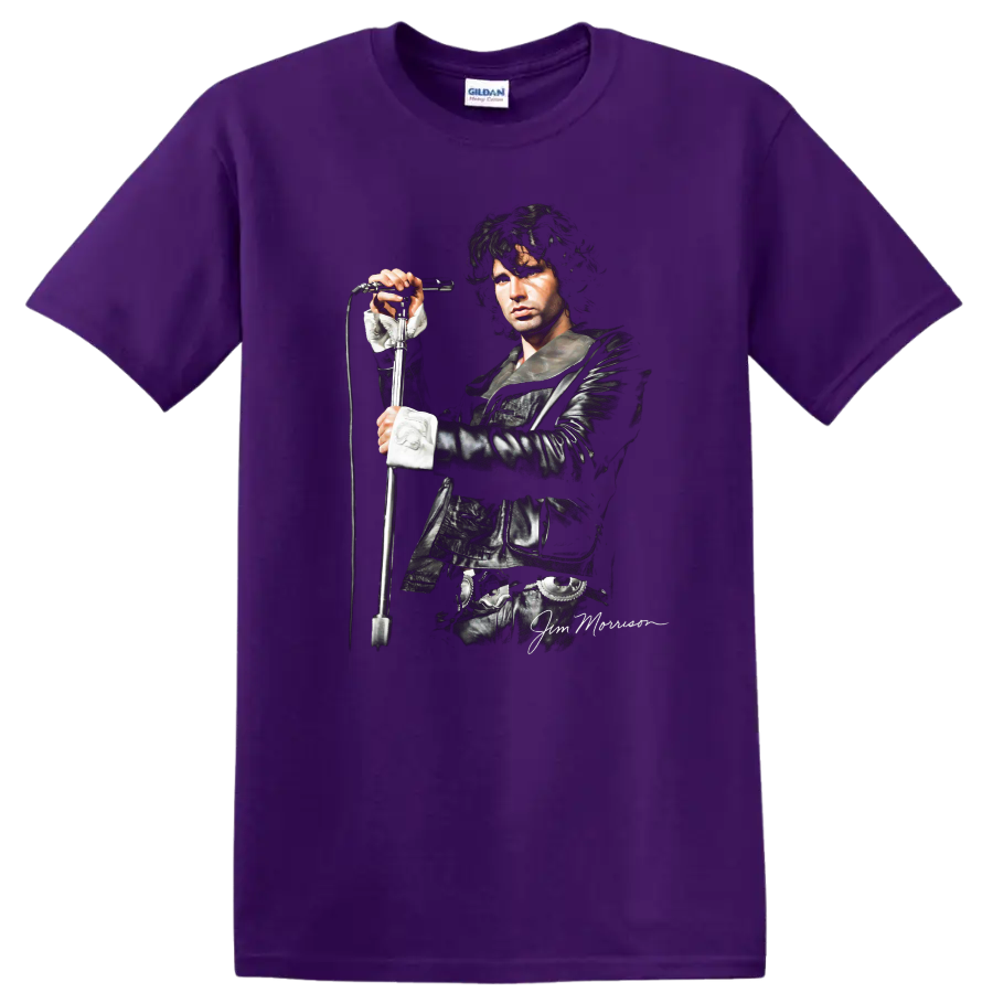 Jim Morrison of The Doors black and white rock portrait with microphone on a Purple T Shirt