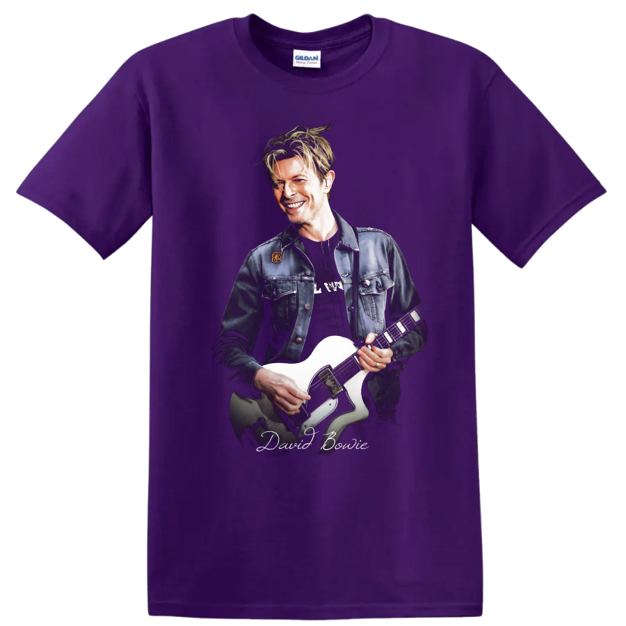 David Bowie portrait playing a white electric guitar graphic print on a Purple T Shirt