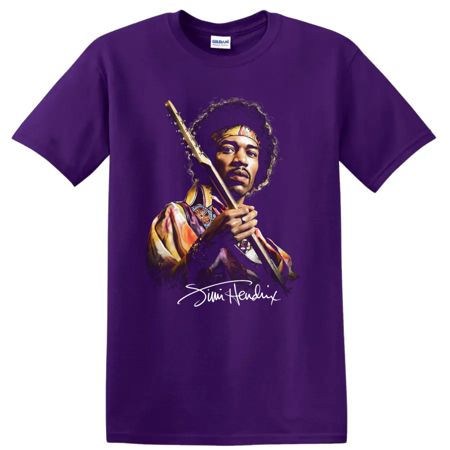 Jimi Hendrix watercolor portrait holding a guitar on a Purple T Shirt
