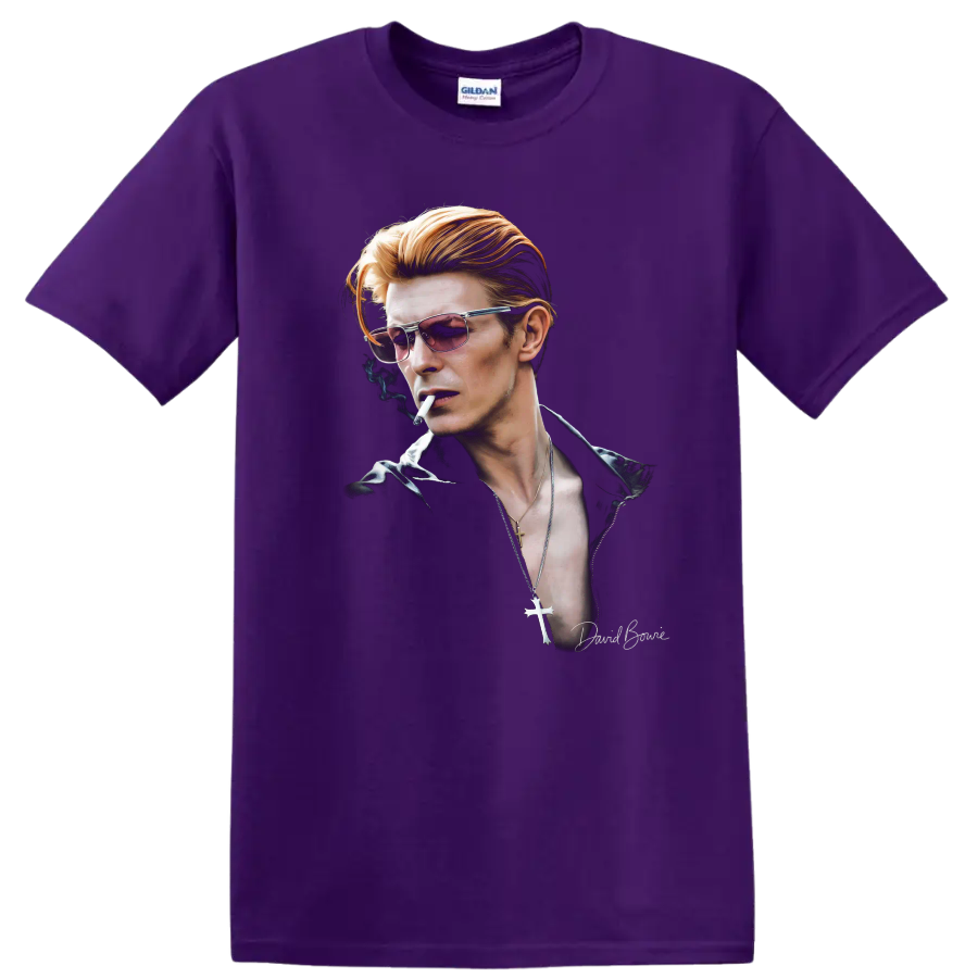 David Bowie Thin White Duke portrait in a moody glam rock style on a Purple T Shirt