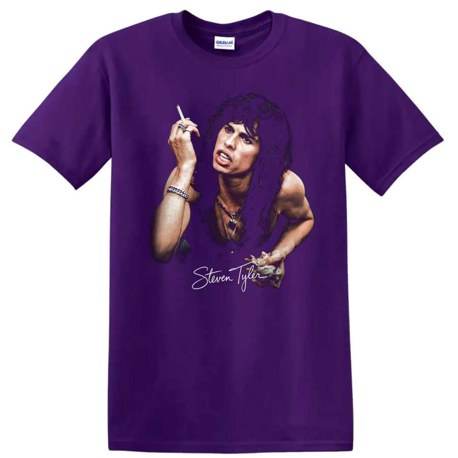 Steven Tyler Aerosmith rock portrait graphic print on a Purple T Shirt