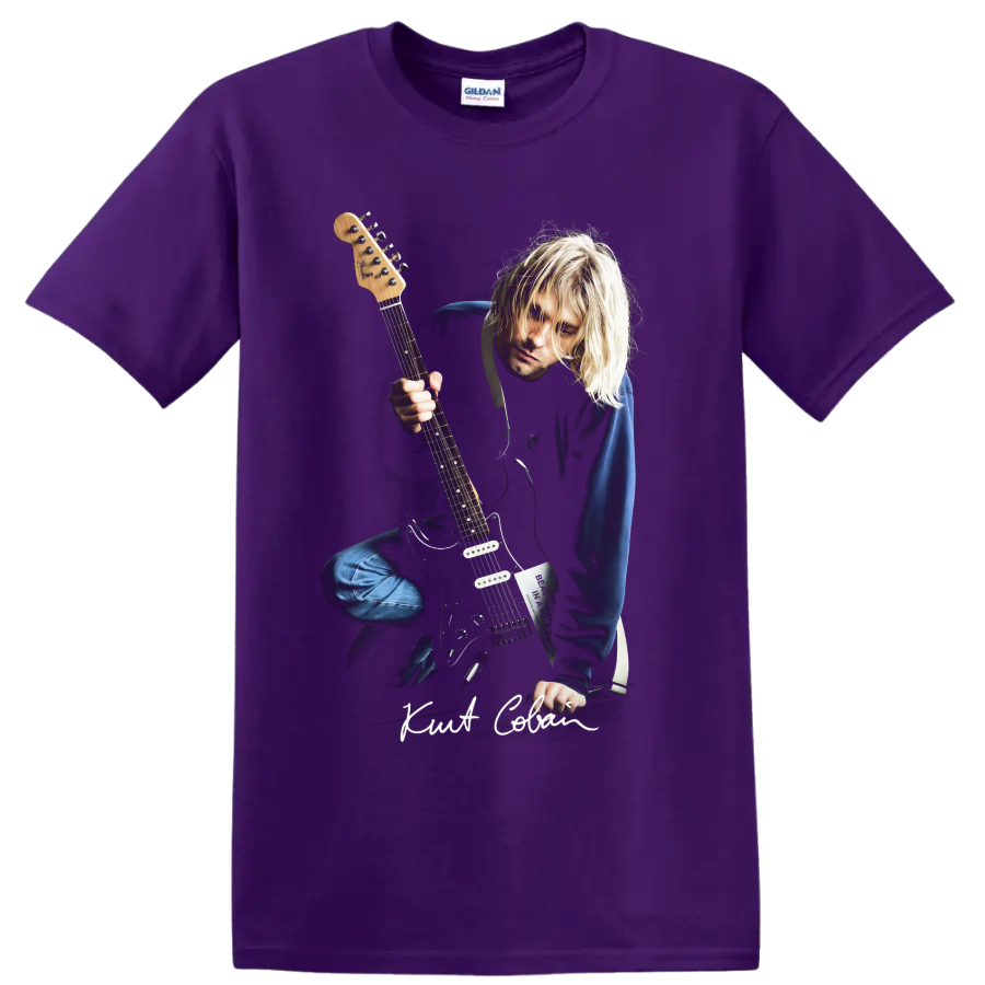 Kurt Cobain grunge portrait holding an electric guitar on a Purple T Shirt