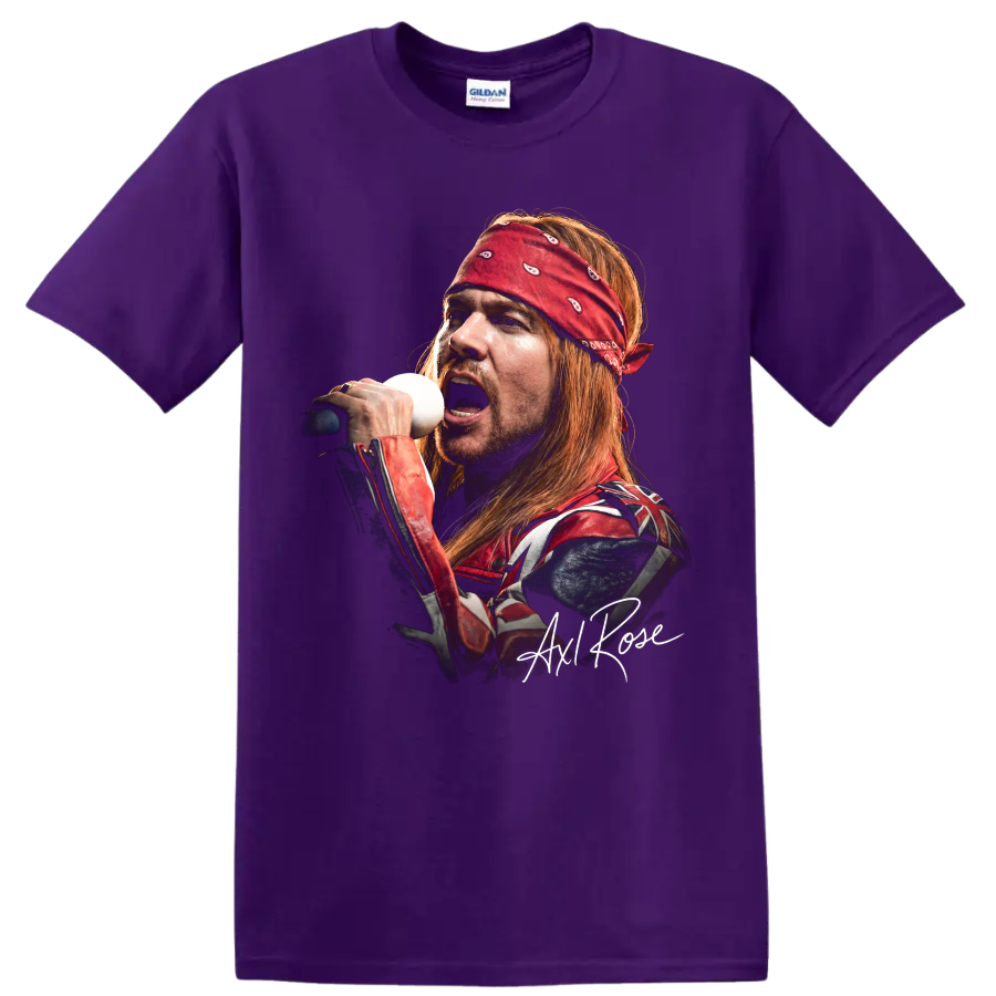 Axl Rose Guns N' Roses hard rock vocalist portrait with signature on a Purple T Shirt