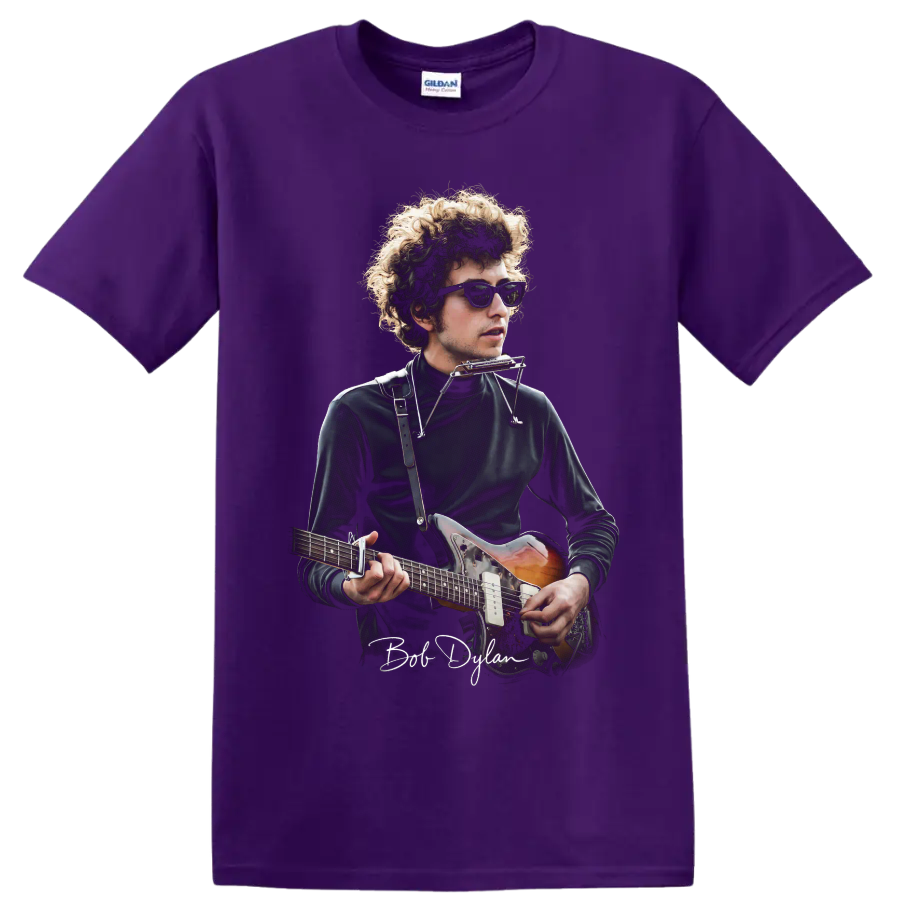 Bob Dylan folk rock portrait with guitar and harmonica on a Purple T Shirt