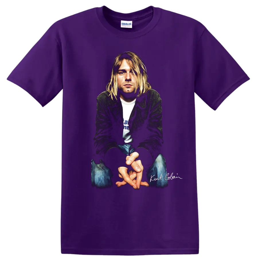 Kurt Cobain Nirvana grunge rock portrait graphic print on a Purple T Shirt