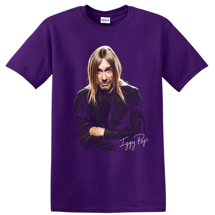 Iggy Pop portrait graphic with The Stooges rock style and signature on a Purple T Shirt