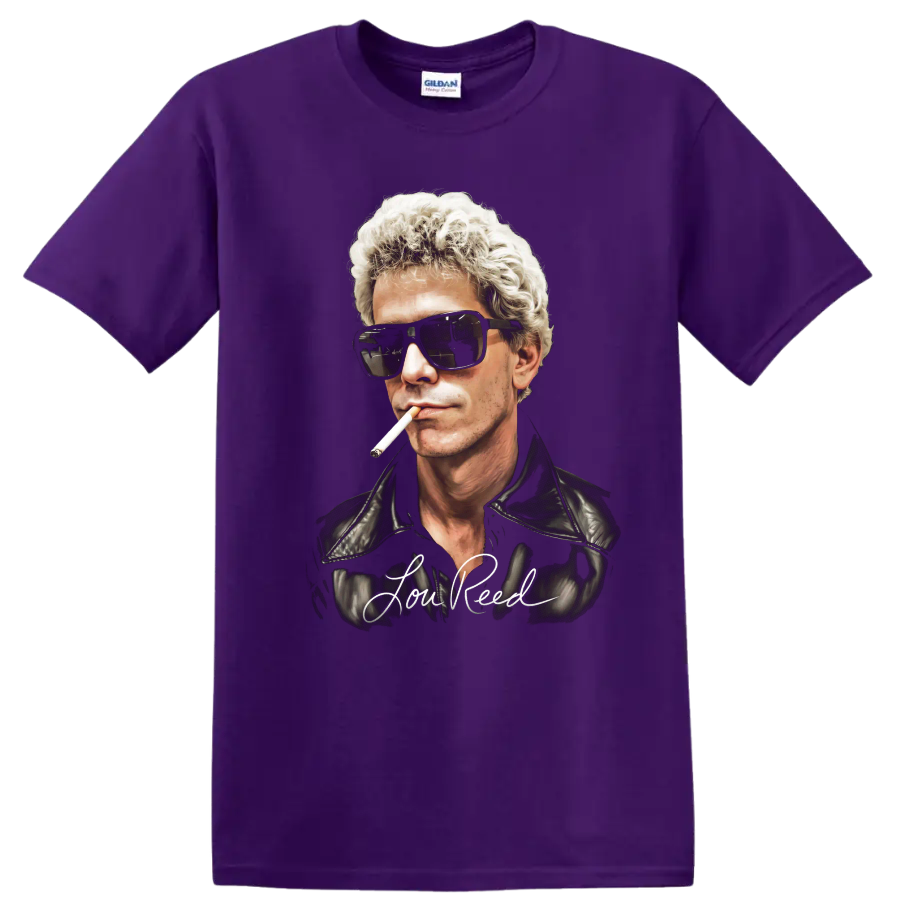 Lou Reed portrait with sunglasses, cigarette, leather jacket, and signature lettering on a Purple T Shirt