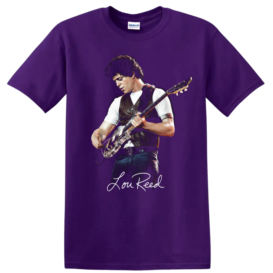 Lou Reed guitar portrait with signature, rock music graphic print on a Purple T Shirt