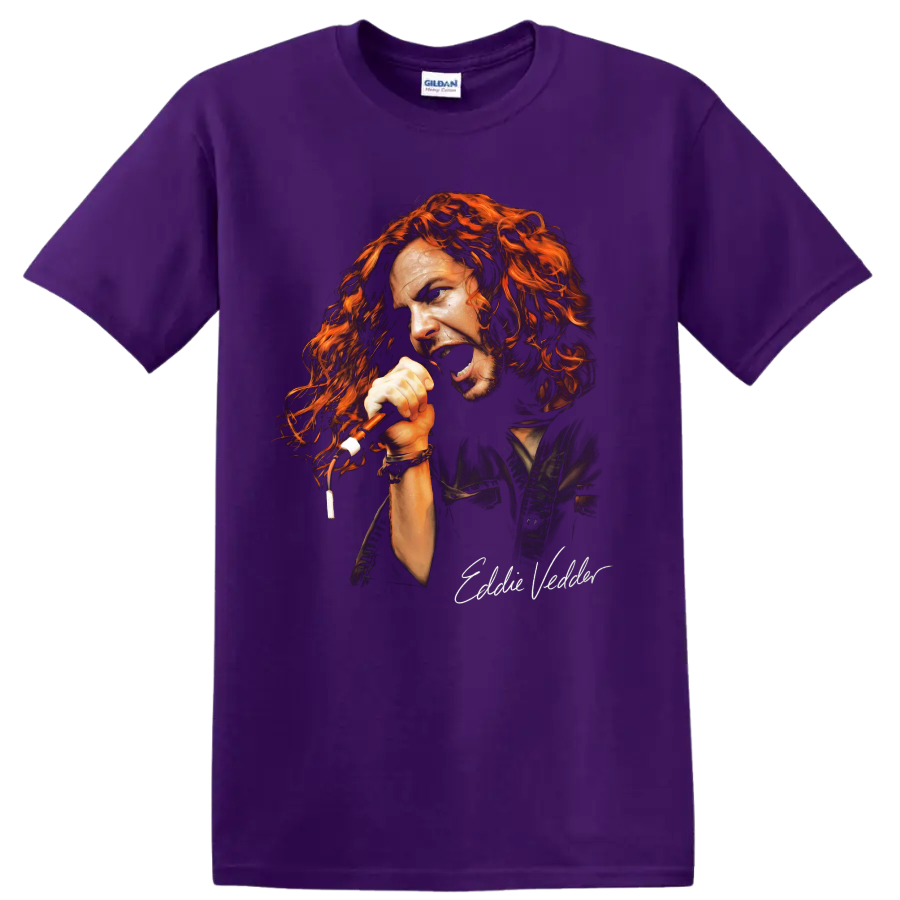 Eddie Vedder grunge rock vocalist portrait graphic on a Purple T Shirt