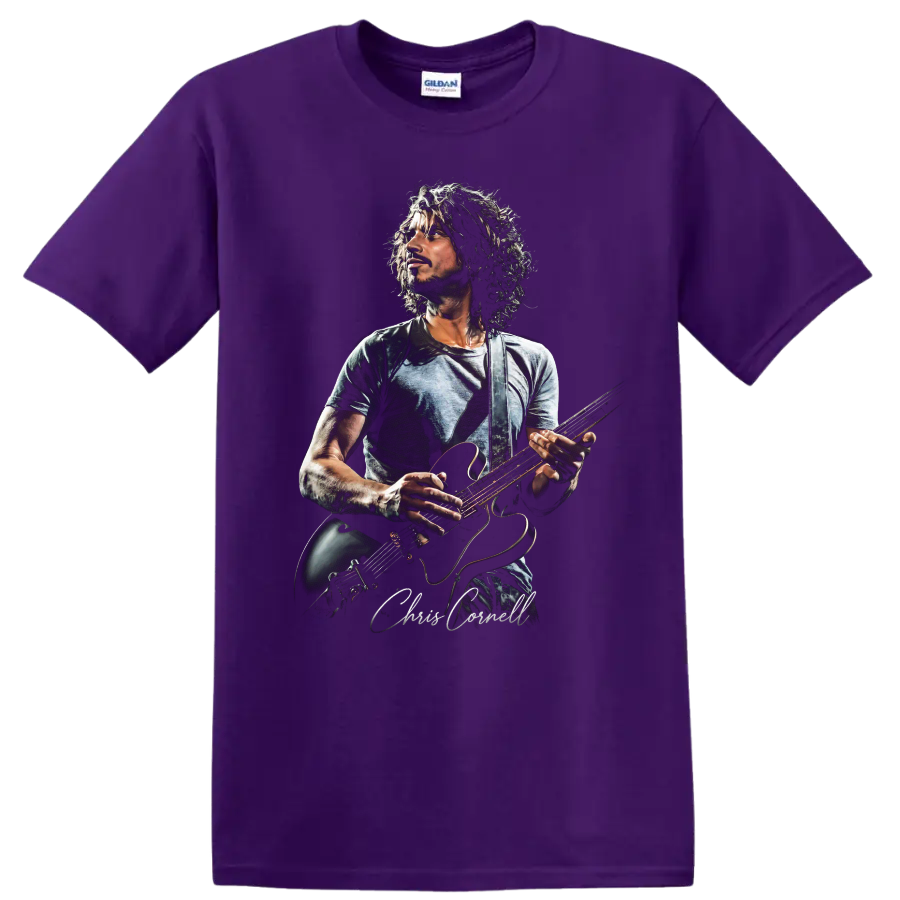 Chris Cornell grunge rock portrait playing electric guitar on a Purple T Shirt