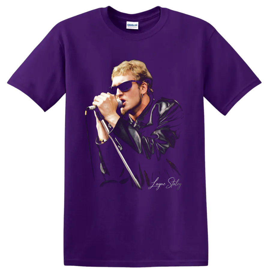 Layne Staley singing into a microphone in a grunge rock portrait on a Purple T Shirt
